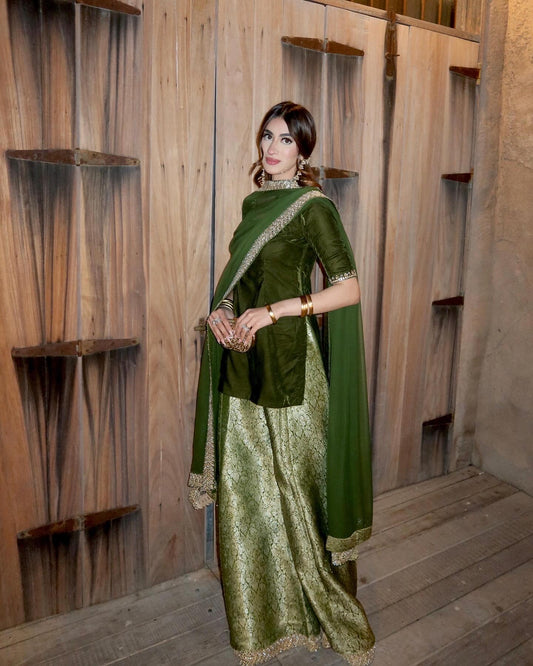 Aila Olive Velvet Shirt & Sharara