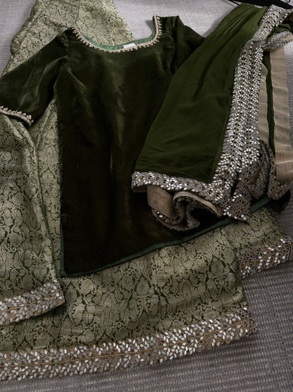 Aila Olive Velvet Shirt & Sharara