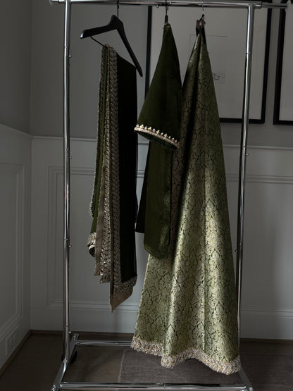 Aila Olive Velvet Shirt & Sharara
